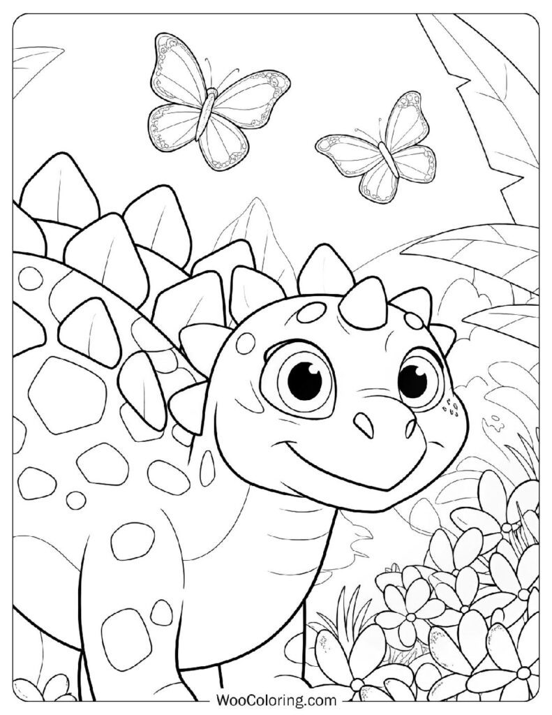Coloring Sheet Of Curious Stegosaurus with Butterflies