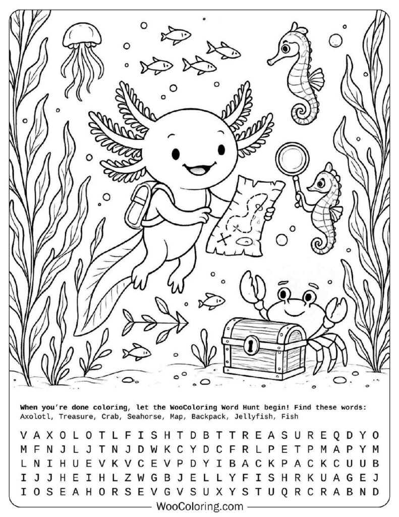 Coloring Sheet Of Cute Axolotl's Underwater Treasure Hunt
