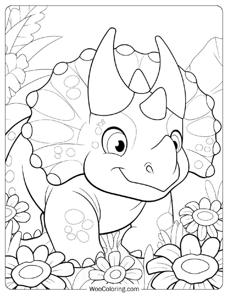 Coloring Sheet Of Cute Triceratops with Flowers