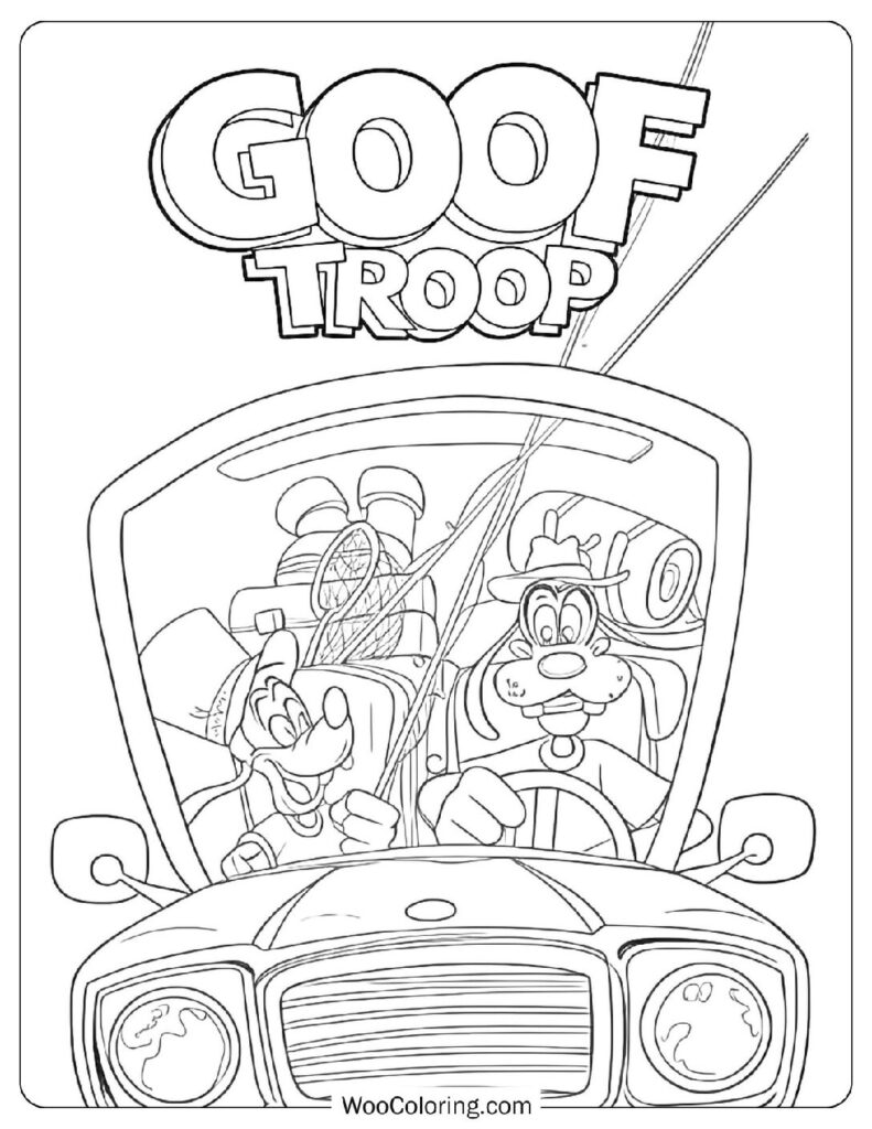 Goofy and Max Driving Through Town in Their Family Car Coloring Sheet