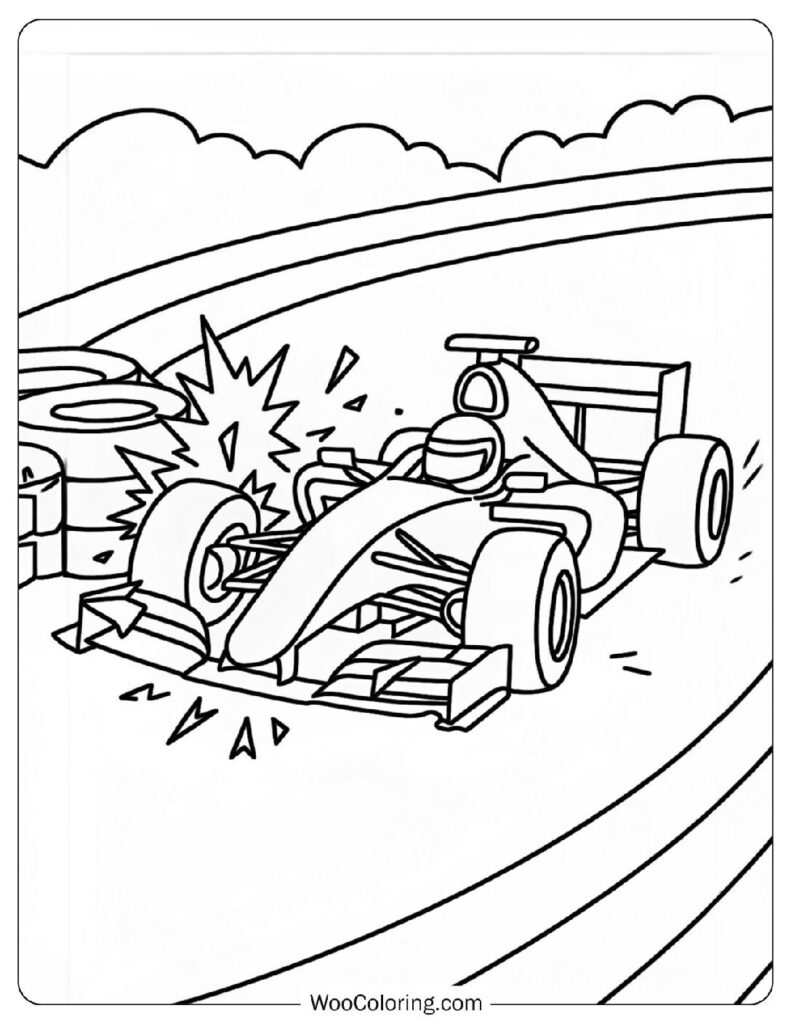 Coloring Sheet Of Formula 1 Car Crashes into Barriers at Eau Rouge Corner