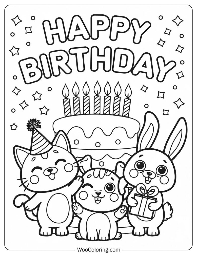 Coloring Sheet Of Happy Birthday With Kawaii Animals