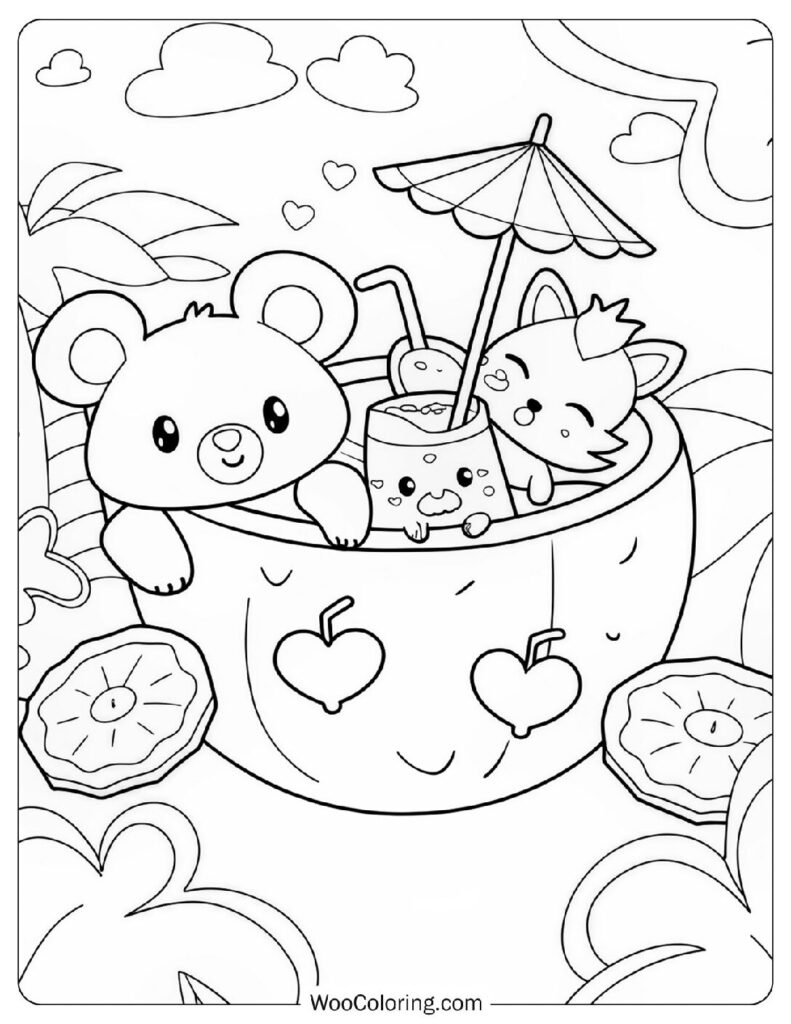 Coloring Sheet Of Kawaii Animals Swimming In A Creamy Coconut Drink