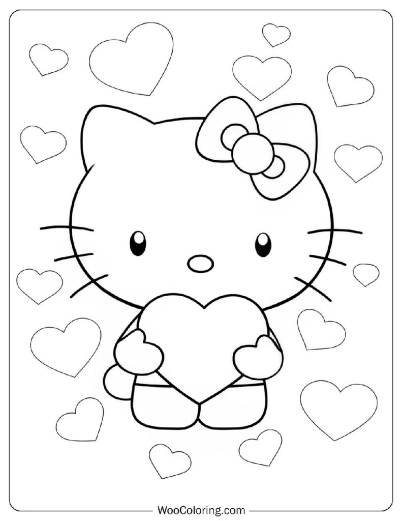 Coloring Sheet Of Lovely Hello Kitty With Hearts