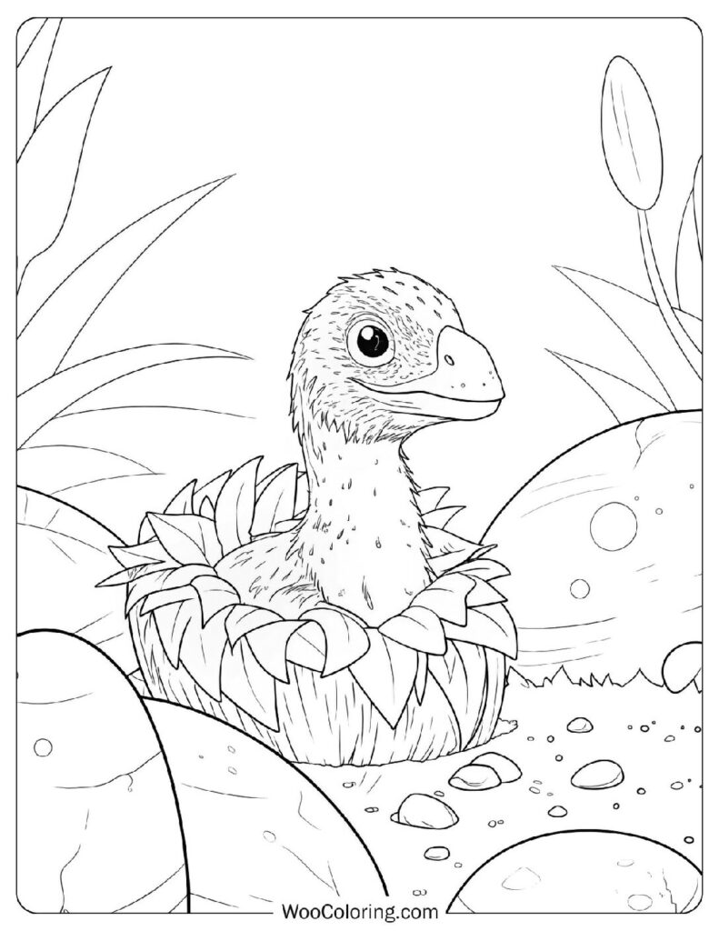 Coloring Sheet Of Realistic Baby Velociraptor in a Sandy Egg Nest