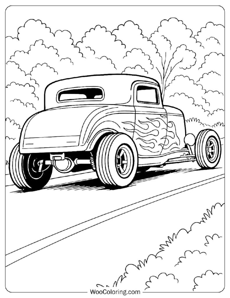 Coloring Sheet Of Rear View of a Hot Rod with Flames on the Side