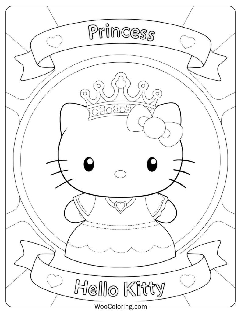 Coloring Sheet Of Royal Hello Kitty With Crown And Sash