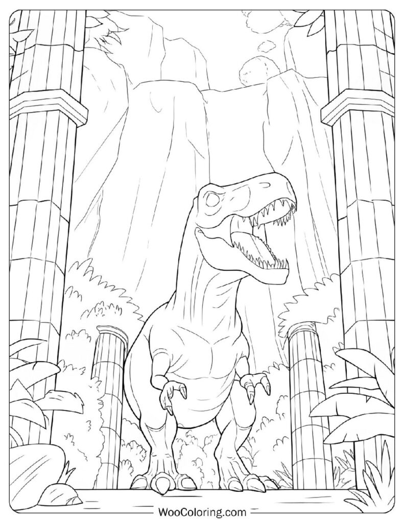 Coloring Sheet Of T-Rex Roaring at the Jurassic Park Gate