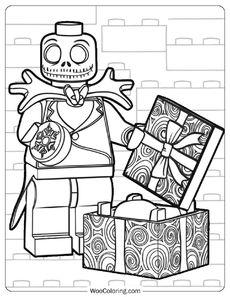 Jack Skellington from Lego Disney Series Wearing a Pinstripe Suit and Standing in a Halloween Town Setting Coloring Sheet