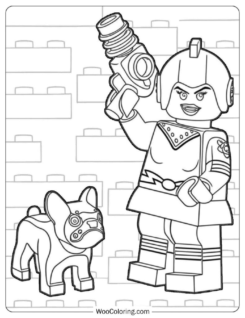 Retro Space Heroine Standing Beside a Robot Dog with a Ray Gun in a Futuristic Lego Scene Coloring Sheet