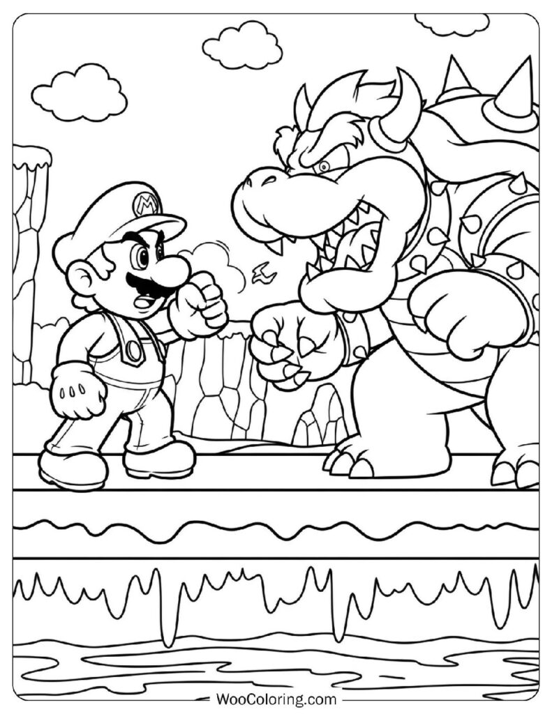 Coloring Sheet of Mario Confronting Bowser on the Lava Bridge