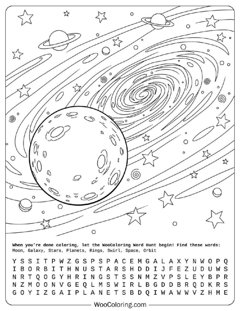 Coloring Sheet of Moon with Galaxy Ribbon