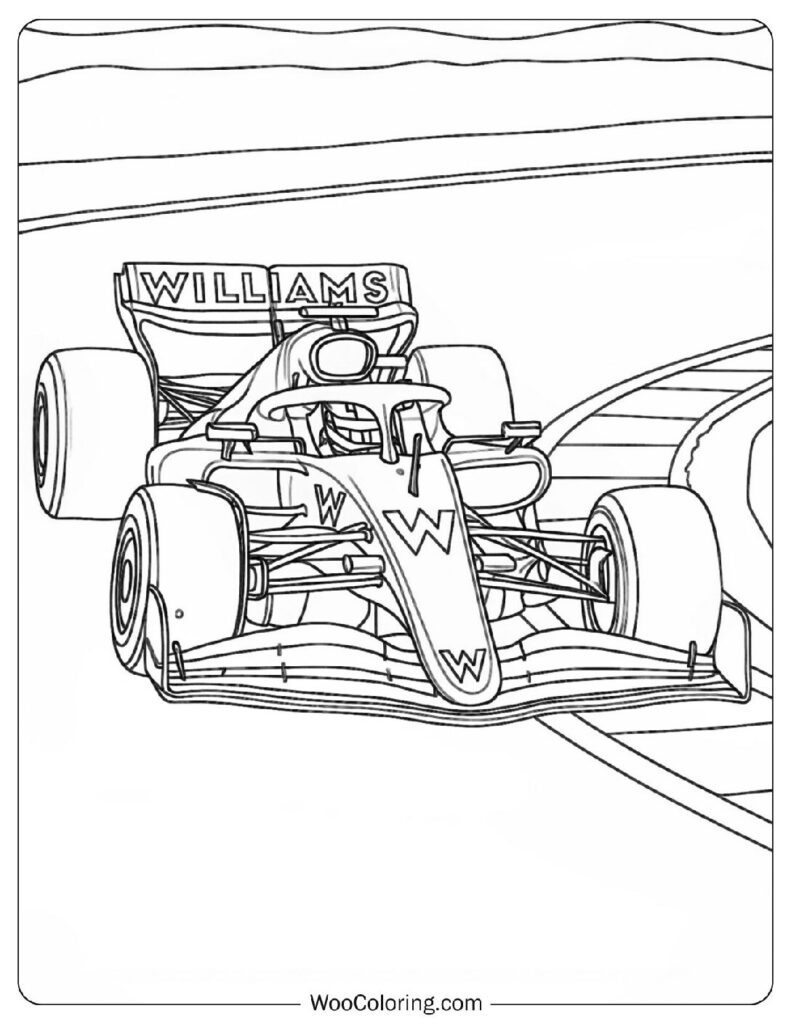 Coloring Sheet of Williams F1 Car Racing Through Turn on Yas Marina Circuit