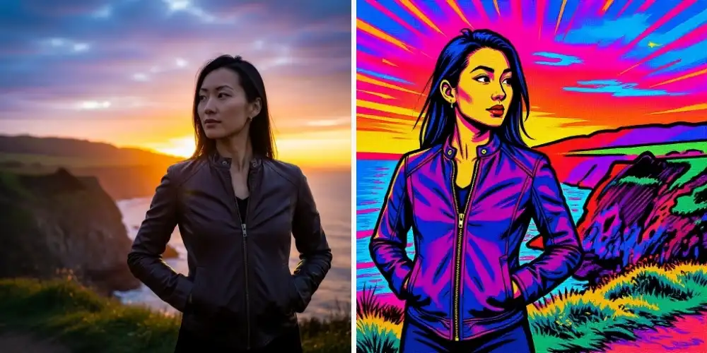 Photo of a woman in a leather jacket at sunset transformed into colorful comic book style art