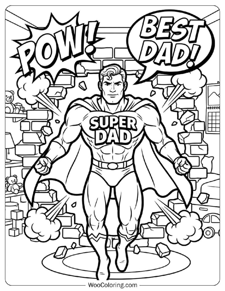 Comic Book Style Super Dad Bursting Through Wall Showing Muscles Coloring Page for Kids