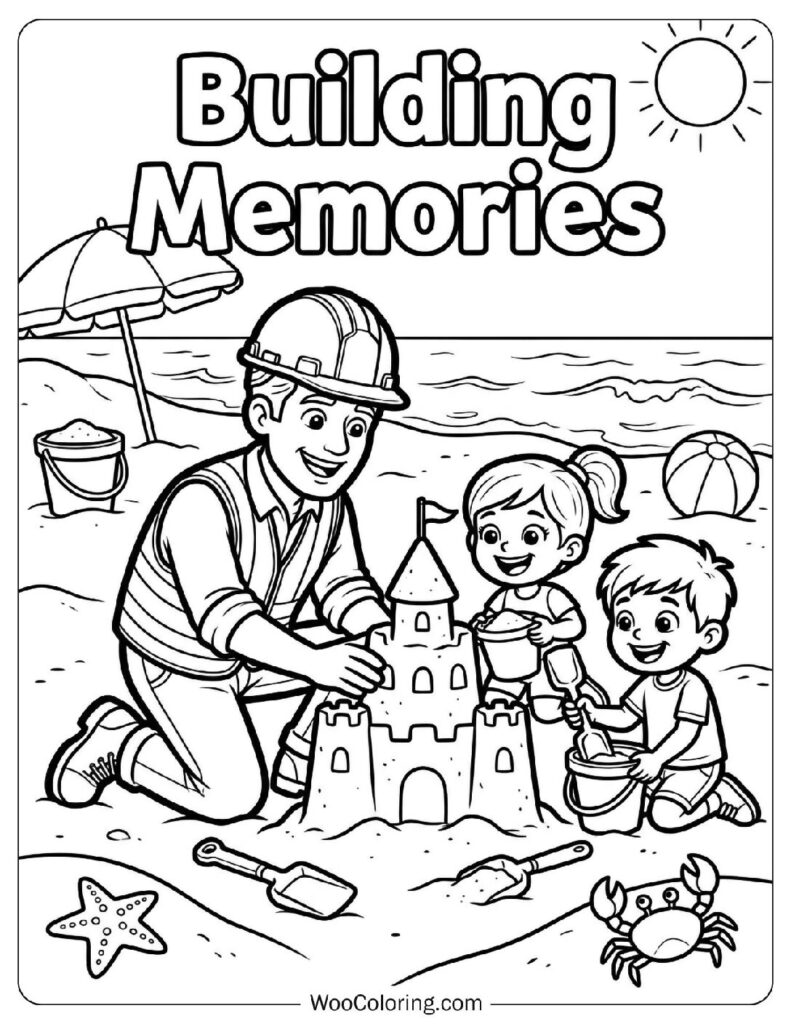 Construction Worker Dad Building Sandcastle with Kids at Beach