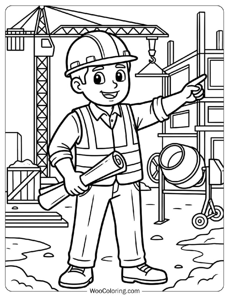 Construction Worker in Hard Hat Holding Blueprints at Job Site