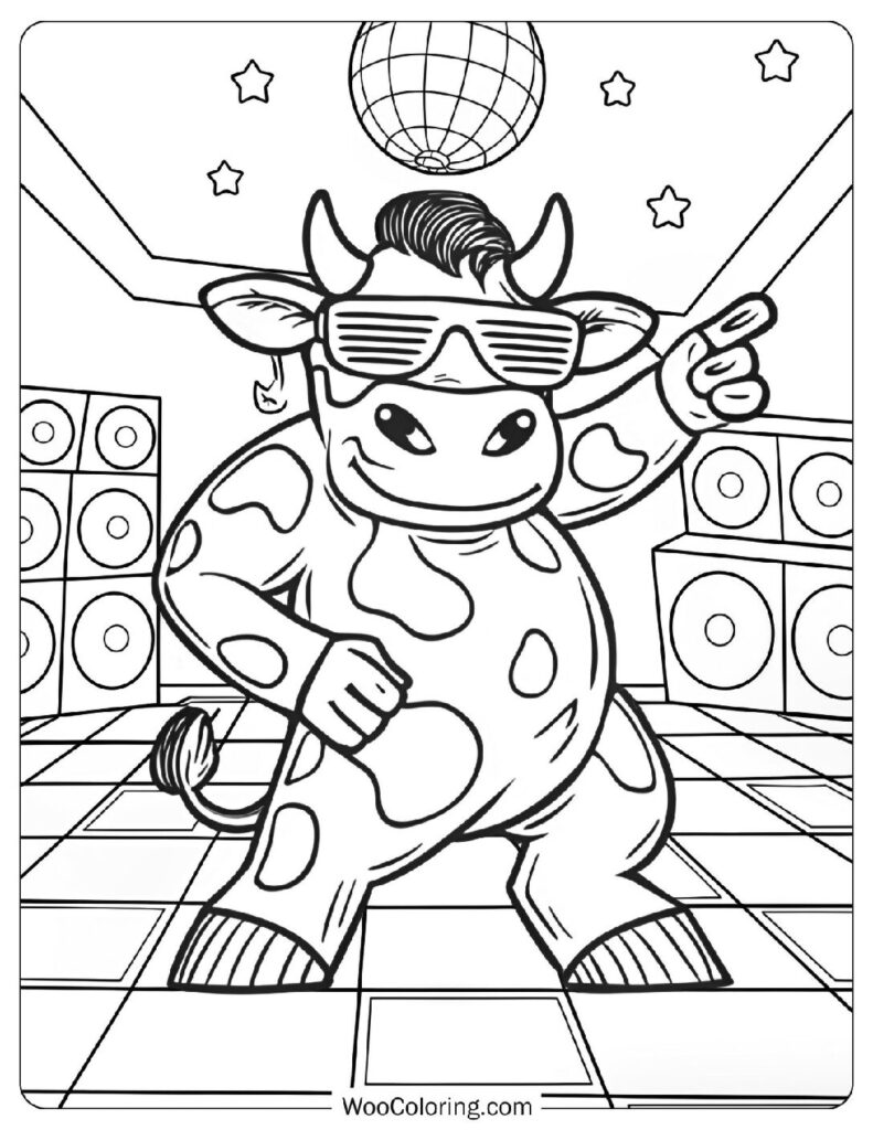 Cool Disco Dancing Cow Coloring Sheet For Kids