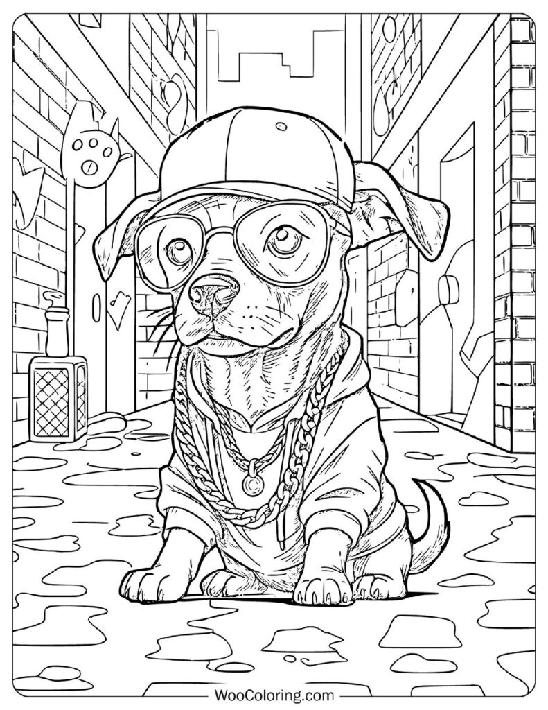 Urban Dog Wearing a Hoodie and Chains Relaxing in an Alleyway on a Cool Evening