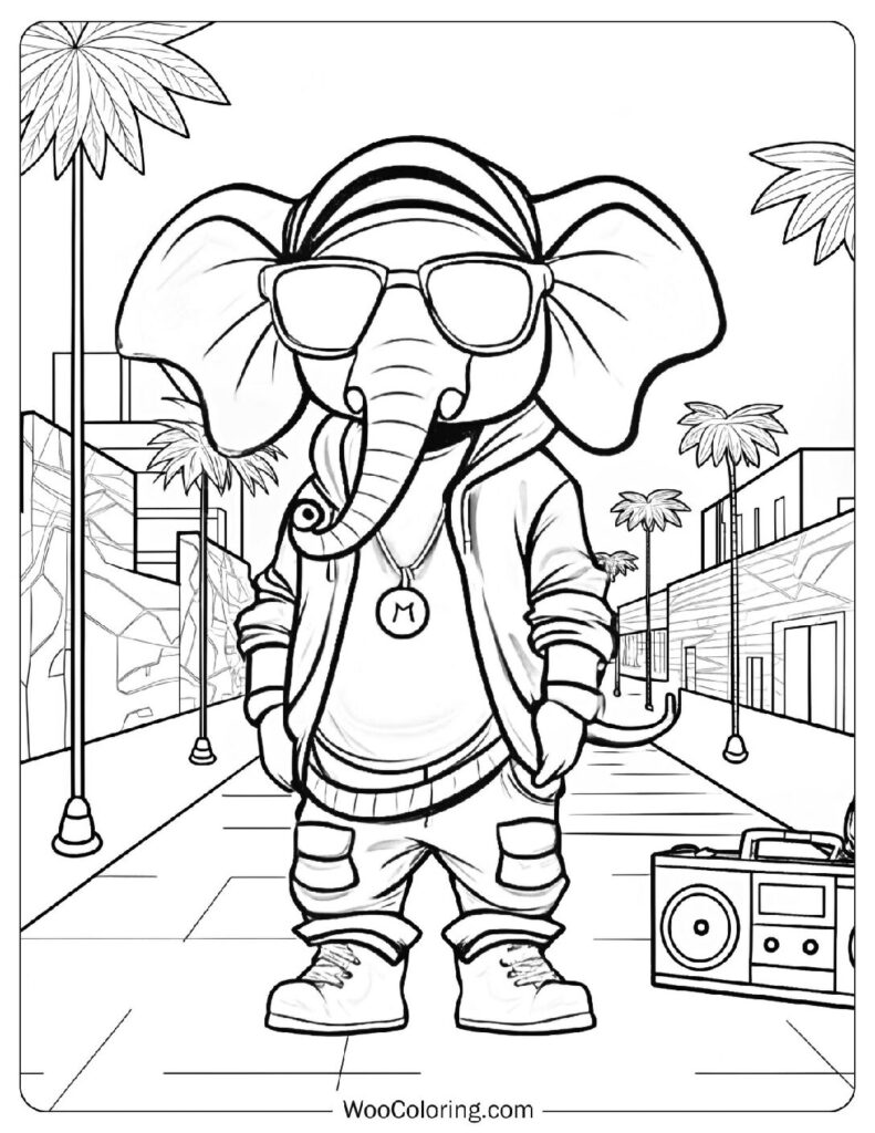 Cool Hip-Hop Elephant Coloring Page With Funny Sunglasses