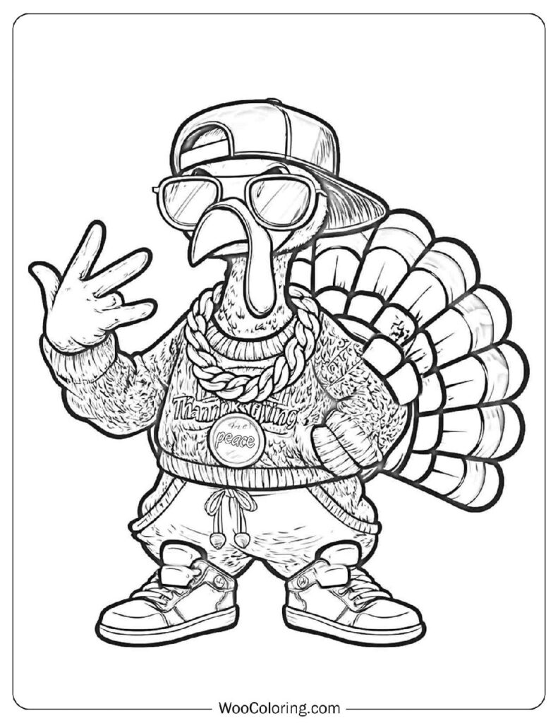 Cool Hip-Hop Turkey Coloring Sheet for Thanksgiving with Sunglasses and Chain