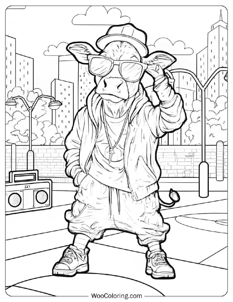 Cool Hipster Cow Character Fun Coloring Page