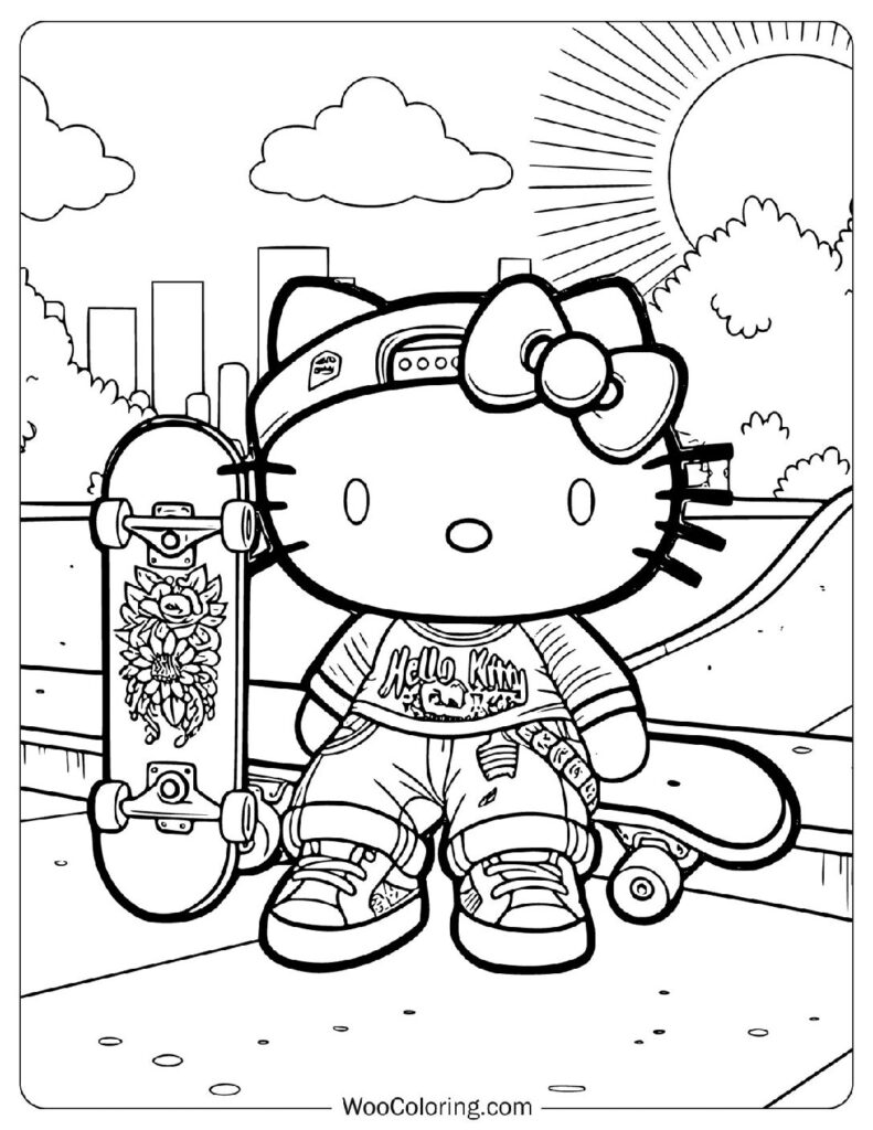 Cool Skater Hello Kitty Fun Coloring Sheet For Kids And Teens