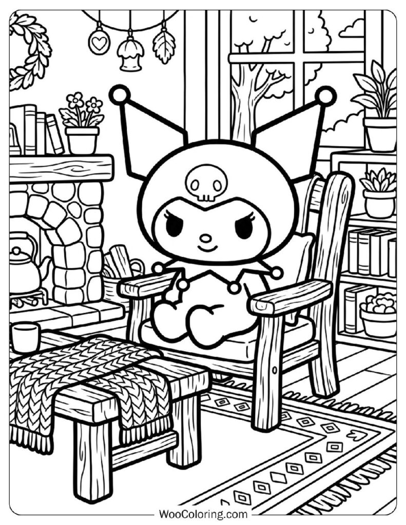 Cozy Cottage Room with Rustic Furniture and Warm Textures Coloring Page