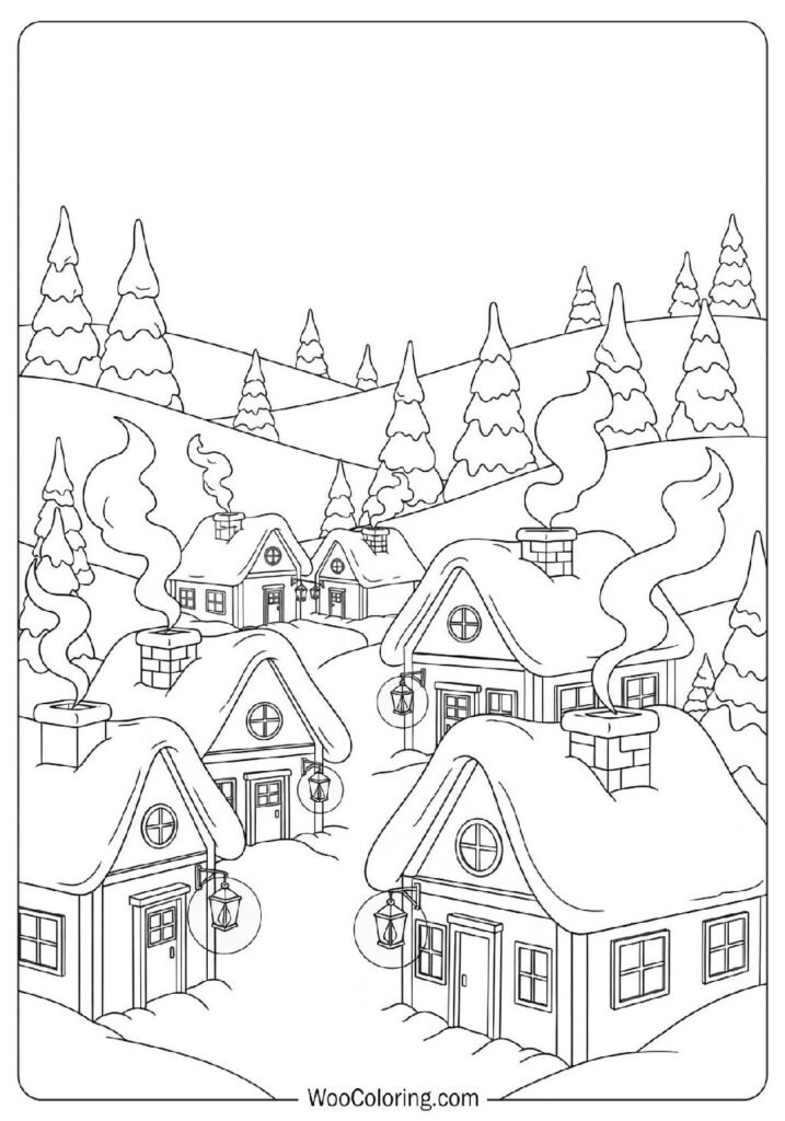 Cozy Snowy Village Glistening Under Lights and Sky