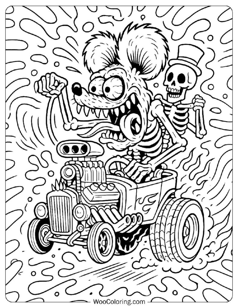 Crazy Rat and Skeleton Riding Hot Rod For Kids Coloring
