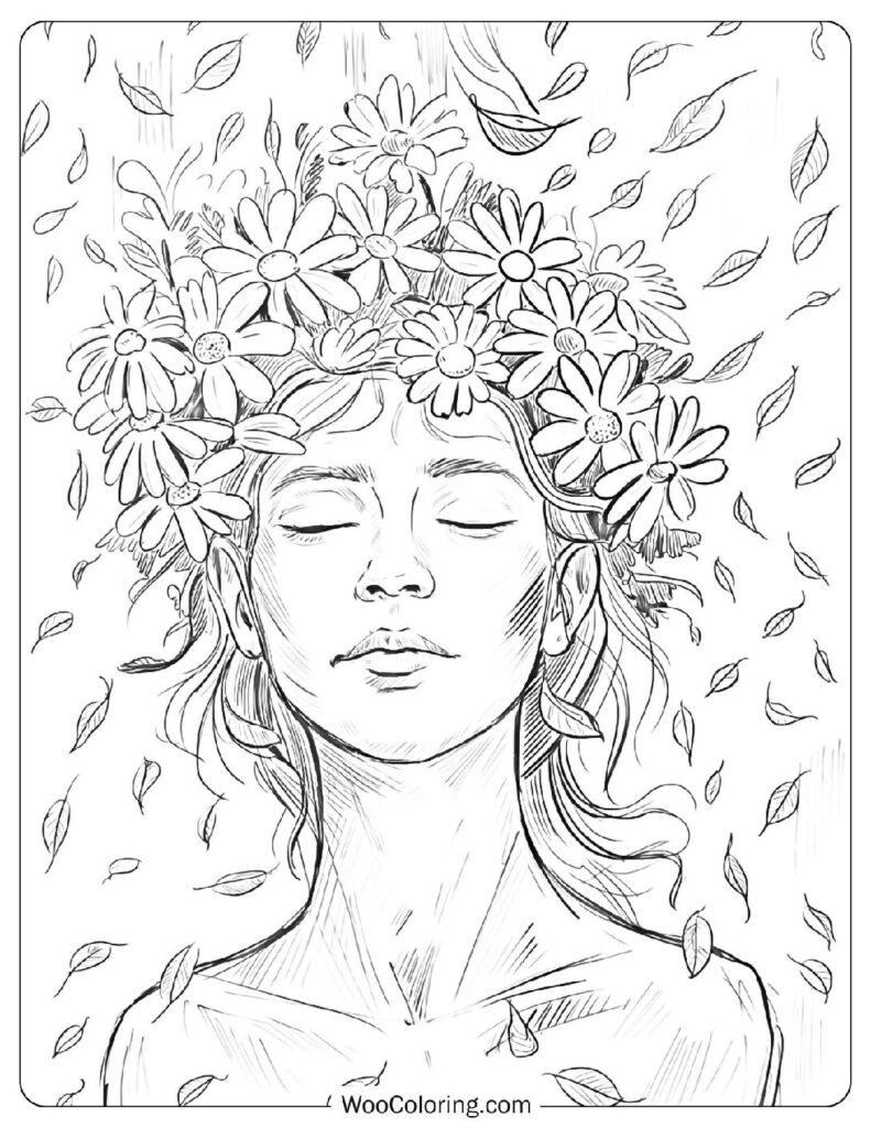 Creative Abstract Coloring Page For Adults Featuring Floral Woman