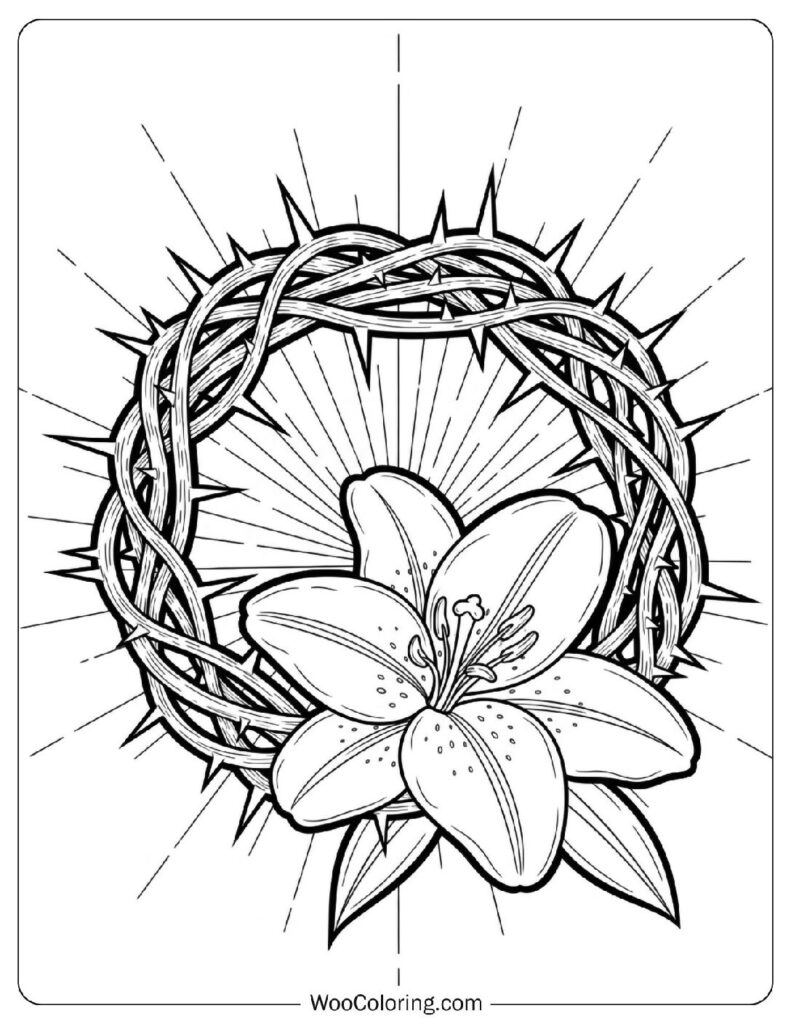 Crown of Thorns and Easter Lily Composition Coloring Page for Kids