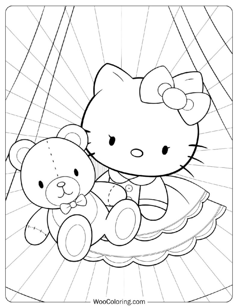 Cuddly Hello Kitty Hugging Teddy Bear Picture To Color