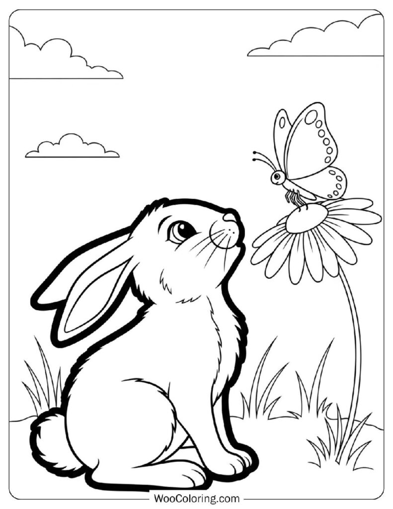 Curious Rabbit Watching a Butterfly on a Daisy