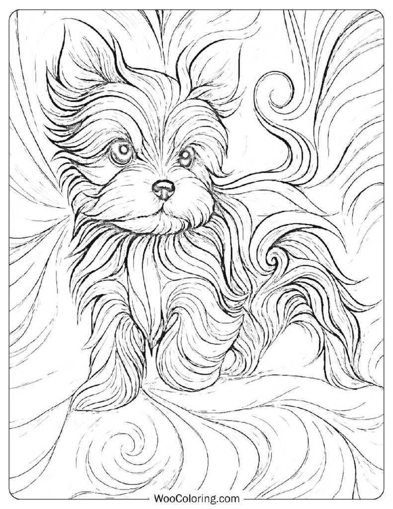 Curly Haired Dog Coloring Page With Abstract Swirls And Artistic Details