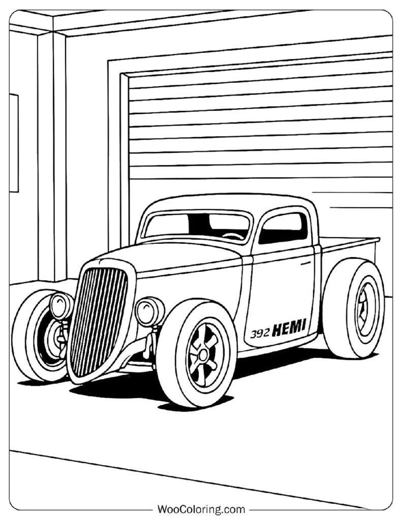 Custom 392 HEMI Hot Rod Truck Parked in Front of a Garage Coloring Page for Adults