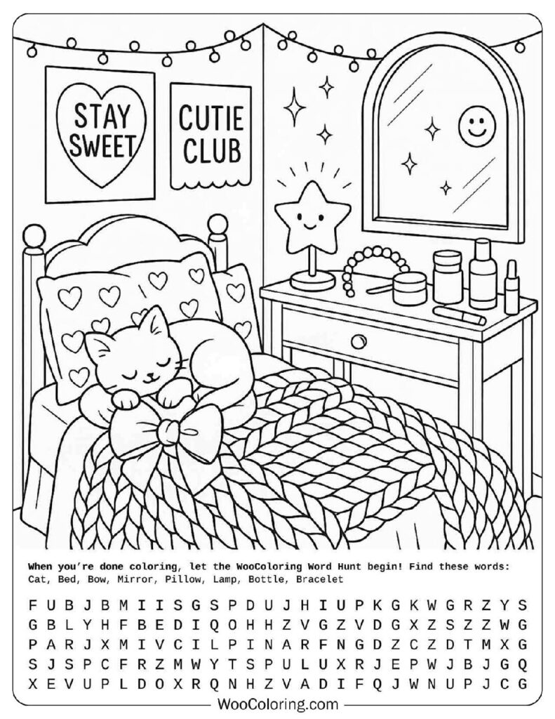 Cute Aesthetic Preppy Bedroom with Kitten and Sparkles Coloring Page for Kids