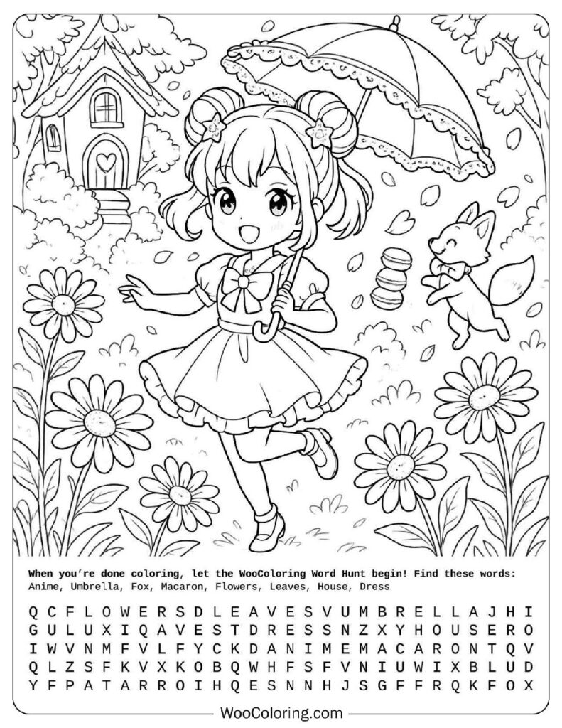 Cute Anime Girl in a Flower Meadow Coloring Page For Kids
