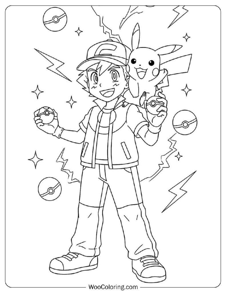Cute Ash with Smiling Pikachu Coloring Sheet for Preschoolers