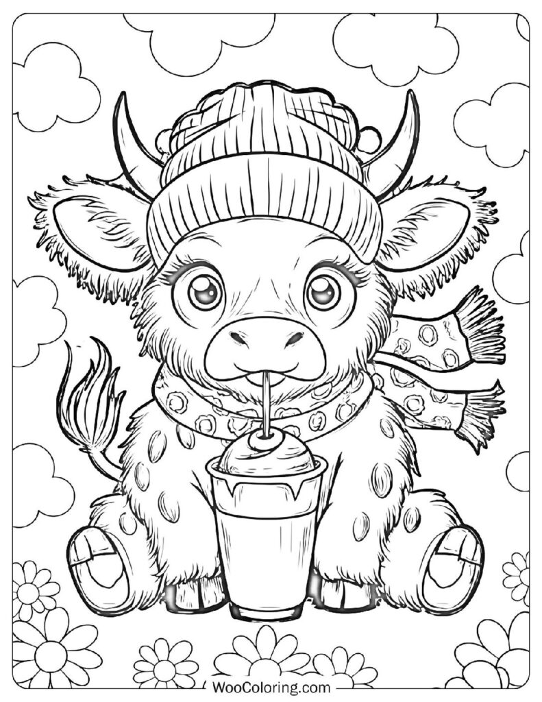 Cute Baby Cow Coloring Page With Hot Chocolate