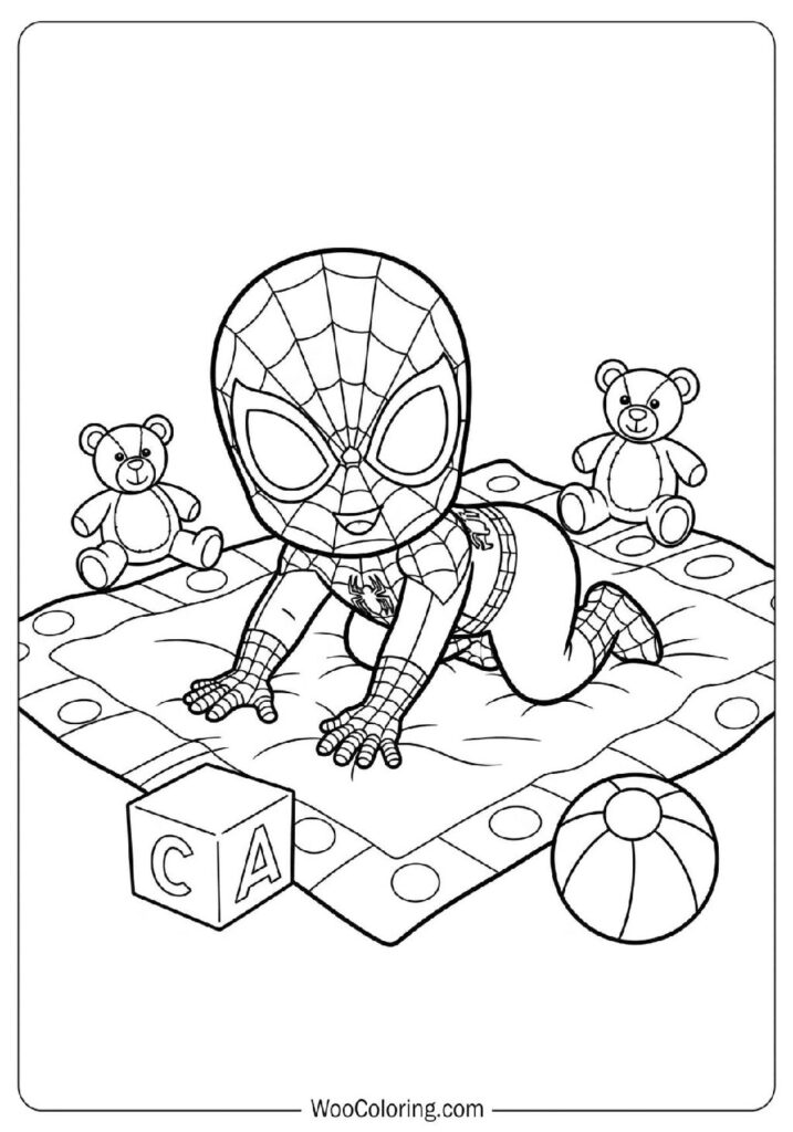 Cute Baby Spiderman Crawling Playfully on the Floor With Toys and Soft Blankets Coloring Sheet for Kids