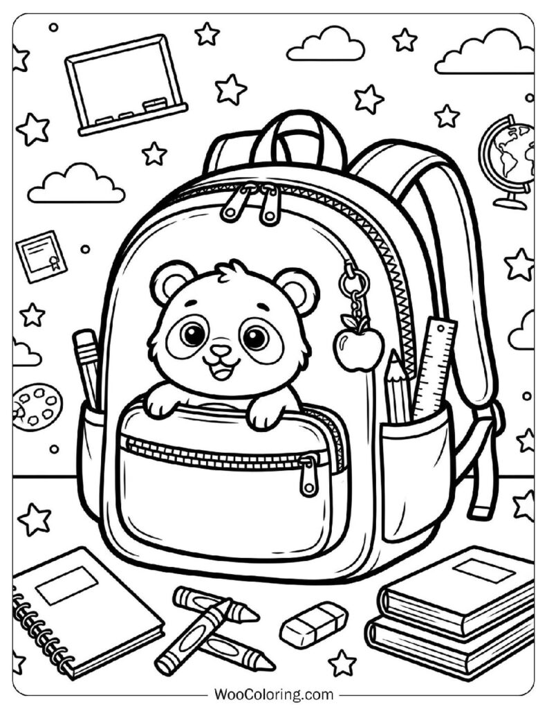 Cute Back to School Backpack with Panda Character Picture to Color