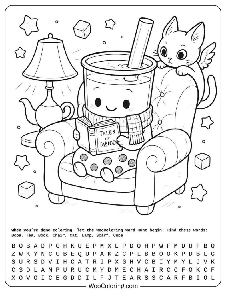 Cute Boba Tea and Cat Reading Time Easy Color In
