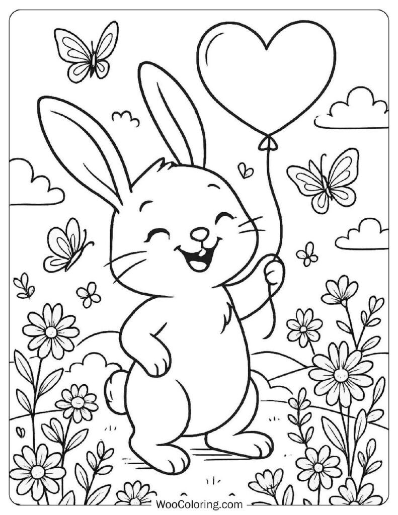Cute Bunny with Heart Balloon in a Floral Meadow