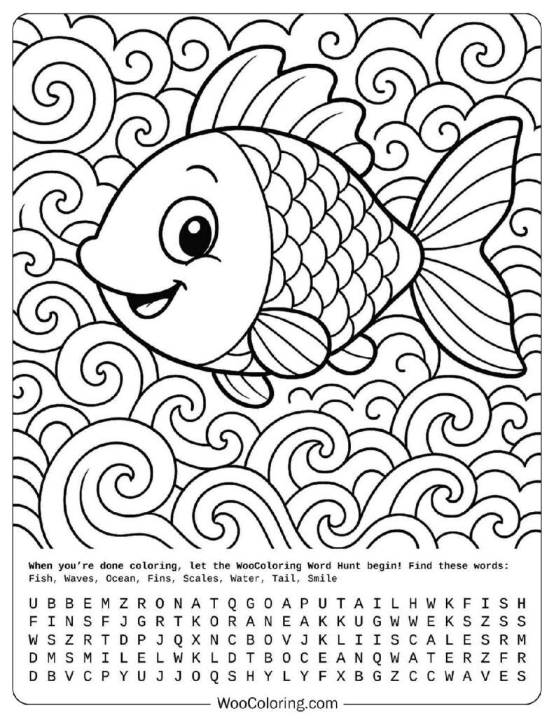 Smiling fish swimming in swirling ocean waves in summer coloring page