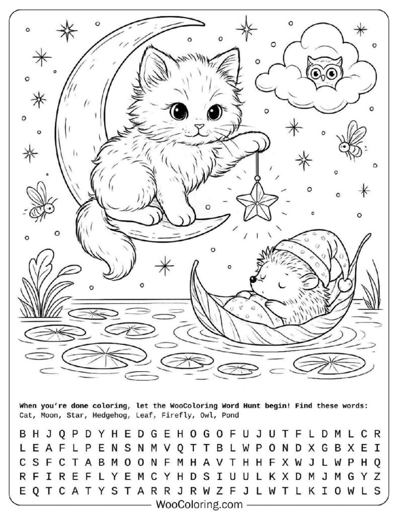 Cute Cat Coloring Sheet with Hedgehog's Moonlight Adventure