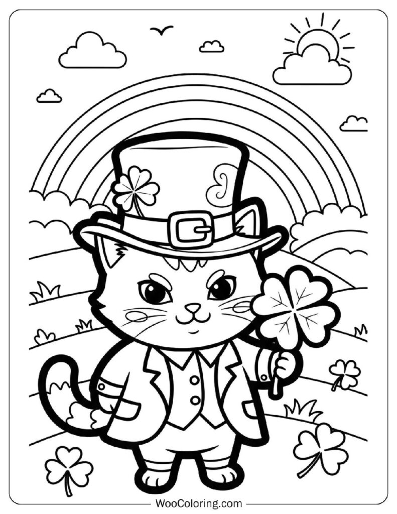 Cute Cat Dressed as a Leprechaun with a Clover Coloring Sheet