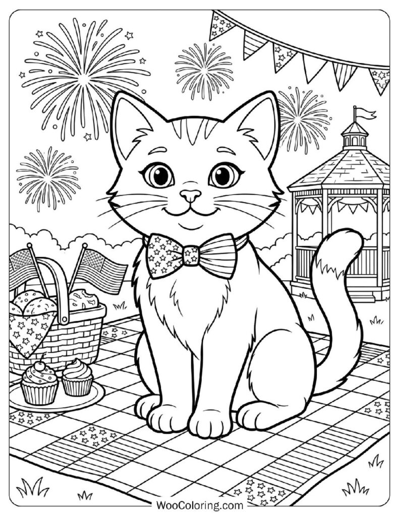 Cute Cat with Bow Tie Sitting on Picnic Blanket Coloring Sheet for Preschoolers