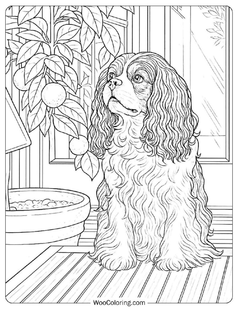 Adorable Cavalier King Charles Spaniel Sitting Happily Indoors Coloring Page for Kids and Adults