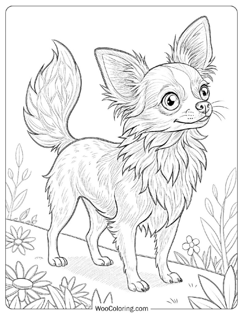 Playful Chihuahua Surrounded by Blossoming Flowers in a Garden Coloring Page